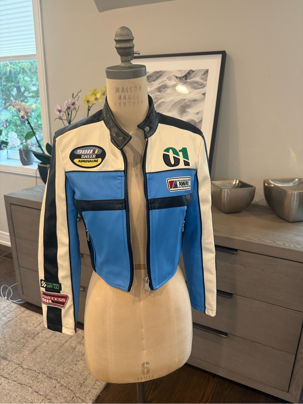 Bershka Blue, White and Black Racing Moto Leather-effect Jacket